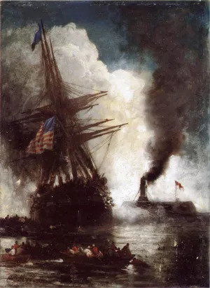 Battle Between Ironclad, Merrimac and Chesapeake by Edward Moran - Oil Painting Reproduction