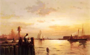 Early Dawn, New York Harbor by Edward Moran Oil Painting