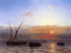 Fishing Boats at Sunset by Edward Moran Oil Painting