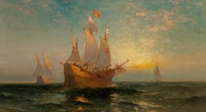 Galleon at Sunset by Edward Moran Oil Painting