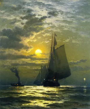 Sailing by Moonlight, New York Harbor by Edward Moran - Oil Painting Reproduction
