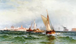 Steamships and Sailing Boats in New York Harbor painting by Edward Moran