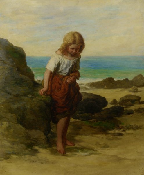 On The Seashore - A Timid Venture by Edward Opie - Hand-Painted Oil Painting Reproduction