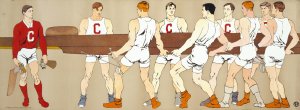 Cornell crew team holding a boat; on left is team coxswain by Edward Penfield Oil Painting