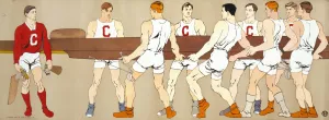 Cornell crew team holding a boat; on left is team coxswain by Edward Penfield Oil Painting