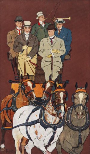 Five men riding in a carriage drawn by four horses by Edward Penfield Oil Painting