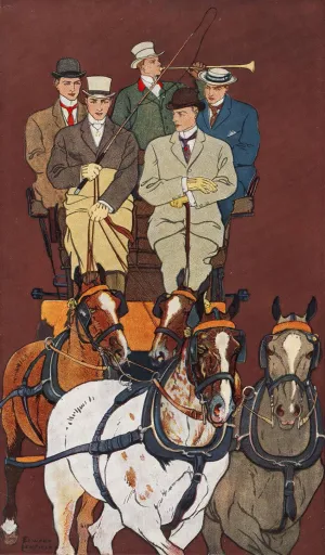 Five men riding in a carriage drawn by four horses by Edward Penfield Oil Painting