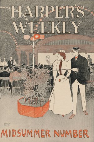 Man and woman sit in a crowded cafe looking over a crowd with the man pointing with a cane by Edward Penfield Oil Painting