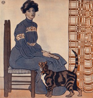 Woman sitting on a chair holding a book with a cat looking on. by Edward Penfield Oil Painting