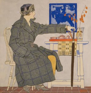 Young woman sitting beside table holding umbrella by Edward Penfield Oil Painting