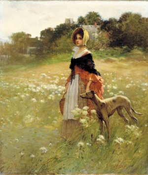 Young Girl and Dog by Edward Percy Moran Oil Painting