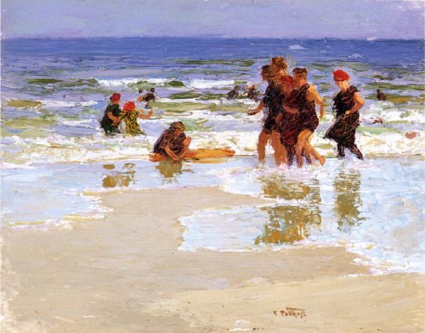 At the Seashore by Edward Potthast - Hand-Painted Oil Painting Reproduction