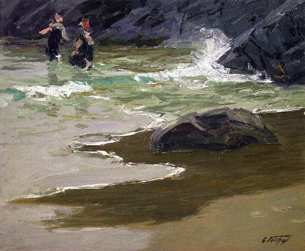 Bathers by a Rocky Coast by Edward Potthast - Hand-Painted Oil Painting Reproduction