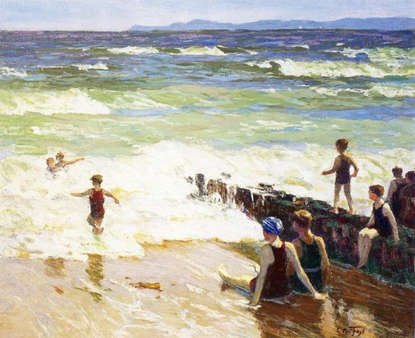 Bathers by the Shore also known as Bathers by the Sea by Edward Potthast - Hand-Painted Oil Painting Reproduction