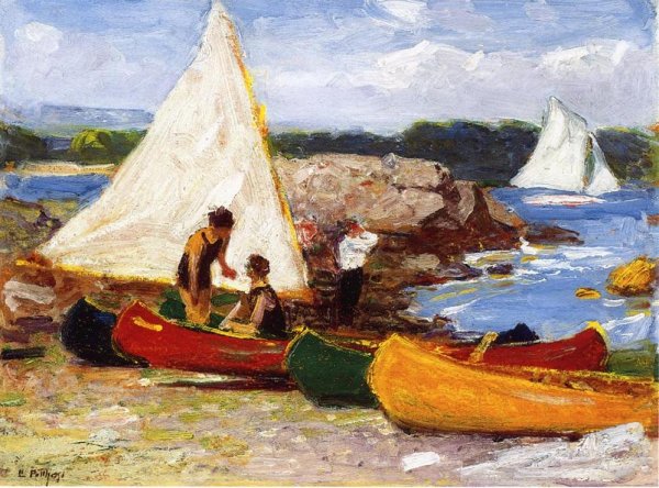 Canoes and Sailboats by Edward Potthast - Hand-Painted Oil Painting Reproduction