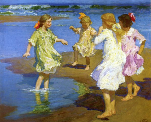 Girls at the Beach by Edward Potthast - Hand-Painted Oil Painting Reproduction