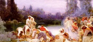 Washerwomen At The River's Edge by Edward Stott Oil Painting
