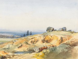 A landscape with a narrow path and an oxcart by Edward Theodore Compton Oil Painting