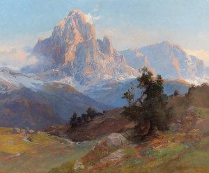 A view of Mount Sassolungo by Edward Theodore Compton Oil Painting