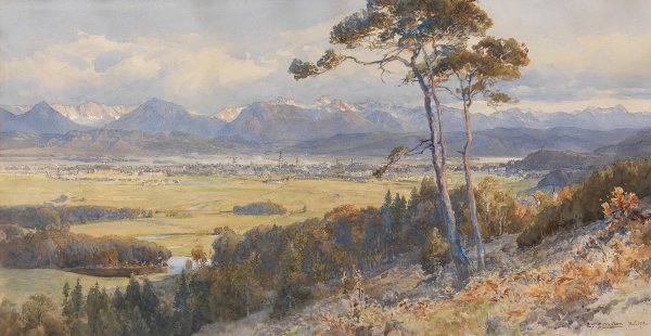 Main Product Photo of Blick auf Klagenfurt vor den Bergzugen der Karawanken  Painting by Edward Theodore Compton