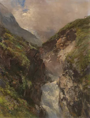 Gebirgsschlucht mit tosendem Wasserfall by Edward Theodore Compton Oil Painting