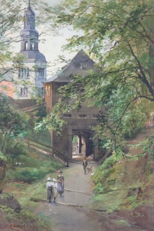 Spazierganger am MOnchsberg mit Blick auf die Mullner Kirche by Edward Theodore Compton Oil Painting