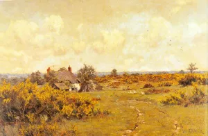 A Gaggle of Geese on a Farm Track in a Surrey Landscape, a Cottage Beyond by Edward Wilkins Waite - Oil Painting Reproduction