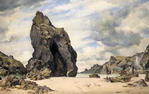 Steeple Rock, Kynance Cove, Lizard, Cornwall, Low Water by Edward William Cooke Oil Painting