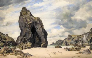 Steeple Rock, Kynance Cove, Lizard, Cornwall, Low Water Oil painting by Edward William Cooke