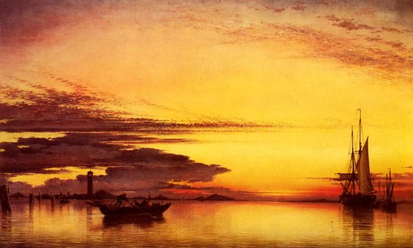 Main Product Photo of Sunset on the Lagune of Venice - San Georgio in Alga and the Euganean Hills in the Distance Painting by Edward William Cooke
