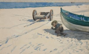 Beach scene with Man Resting in Shadow of Boat Oil painting by Edwin Austin Abbey