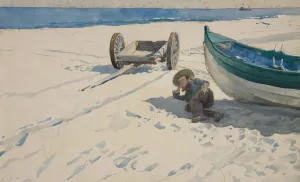 Beach scene with Man Resting in Shadow of Boat by Edwin Austin Abbey Oil Painting