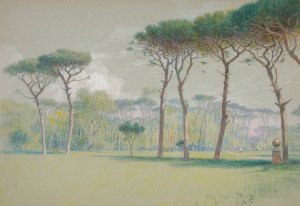 Castel Fusano; Landscape - vast lawn and trees by Edwin Austin Abbey Oil Painting
