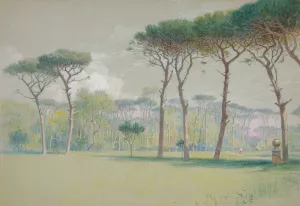 Castel Fusano; Landscape - vast lawn and trees by Edwin Austin Abbey Oil Painting