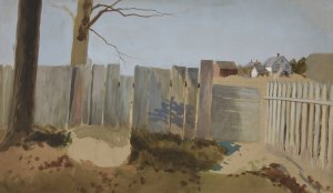 Country scene; fence, field, farmhouse in distance by Edwin Austin Abbey Oil Painting