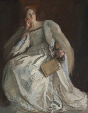 Lady in White Seated. Right Hand to Chin. Holding Fan. by Edwin Austin Abbey Oil Painting