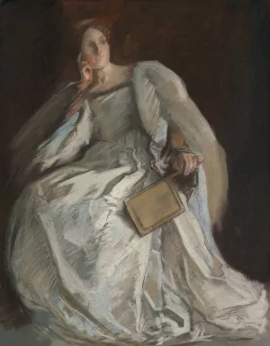 Lady in White Seated. Right Hand to Chin. Holding Fan. by Edwin Austin Abbey Oil Painting