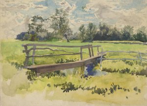 Landscape, marsh and bridge by Edwin Austin Abbey Oil Painting