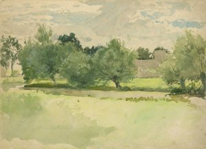 Landscape; Meadow. Church in background by Edwin Austin Abbey Oil Painting