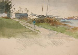 Landscape with figure walking along a path, water in distance by Edwin Austin Abbey Oil Painting