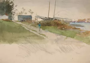 Landscape with figure walking along a path, water in distance by Edwin Austin Abbey Oil Painting