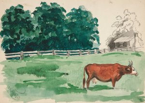 Pasture scene with cow in foreground by Edwin Austin Abbey Oil Painting