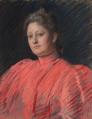 Portrait of Mrs. Abbey in pink dress, waist length by Edwin Austin Abbey Oil Painting
