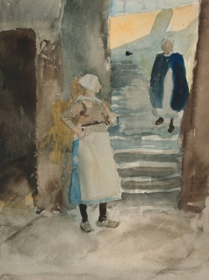 Street Scene with Two Fishwives by Edwin Austin Abbey Oil Painting