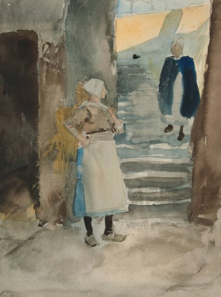 Street Scene with Two Fishwives by Edwin Austin Abbey - Hand-Painted Oil Painting Reproduction