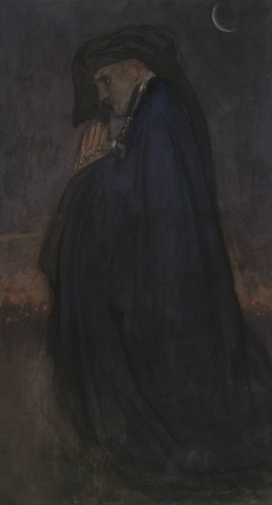 Study. Man in blue cloak, moonlight by Edwin Austin Abbey Oil Painting