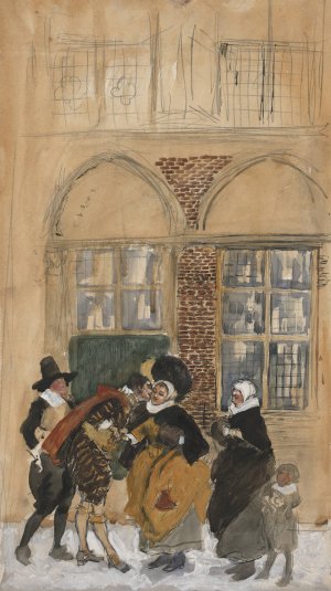 Study of figure scene in seventeenth century Dutch costume, possibly New Amsterdam by Edwin Austin Abbey Oil Painting