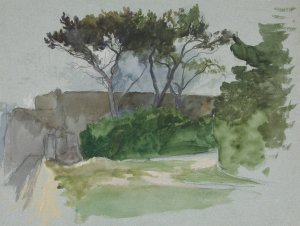 Study of landscape with trees and stone wall by Edwin Austin Abbey Oil Painting