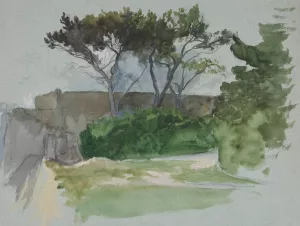 Study of landscape with trees and stone wall by Edwin Austin Abbey Oil Painting