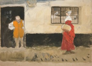 Study of street scene, man at door, woman in red dress. by Edwin Austin Abbey Oil Painting